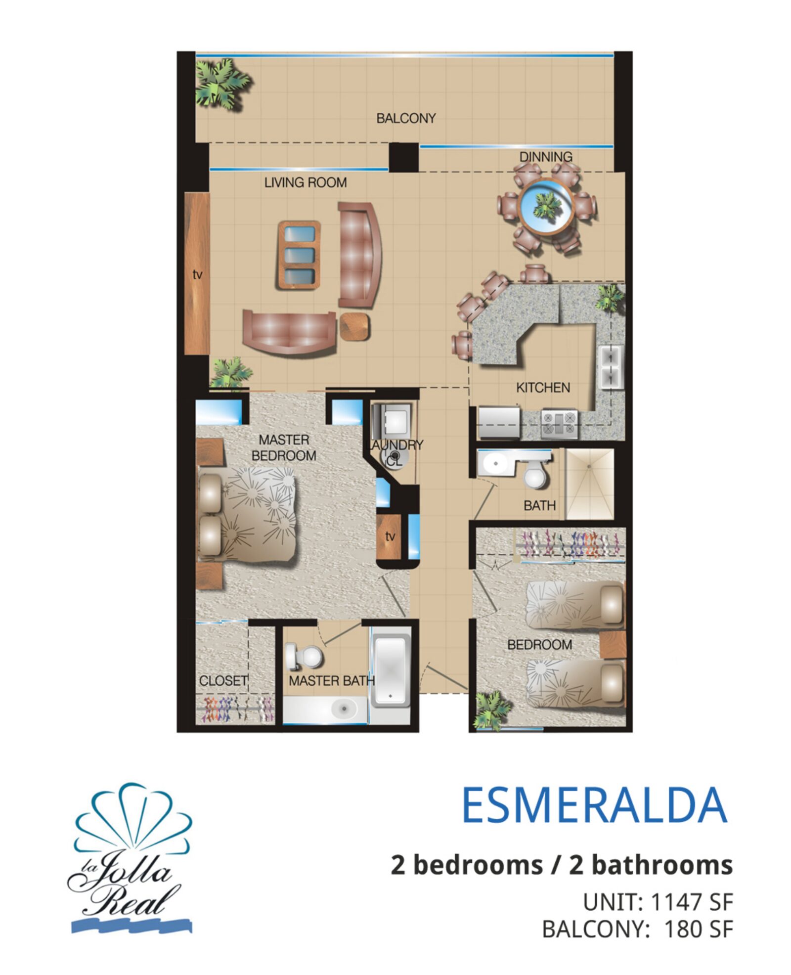 Esmeralda floor plan at La Jolla Real Rosarito: 2 bedrooms / 2 bathrooms · Unit 1,147 sq ft · Balcony 180 sq ft