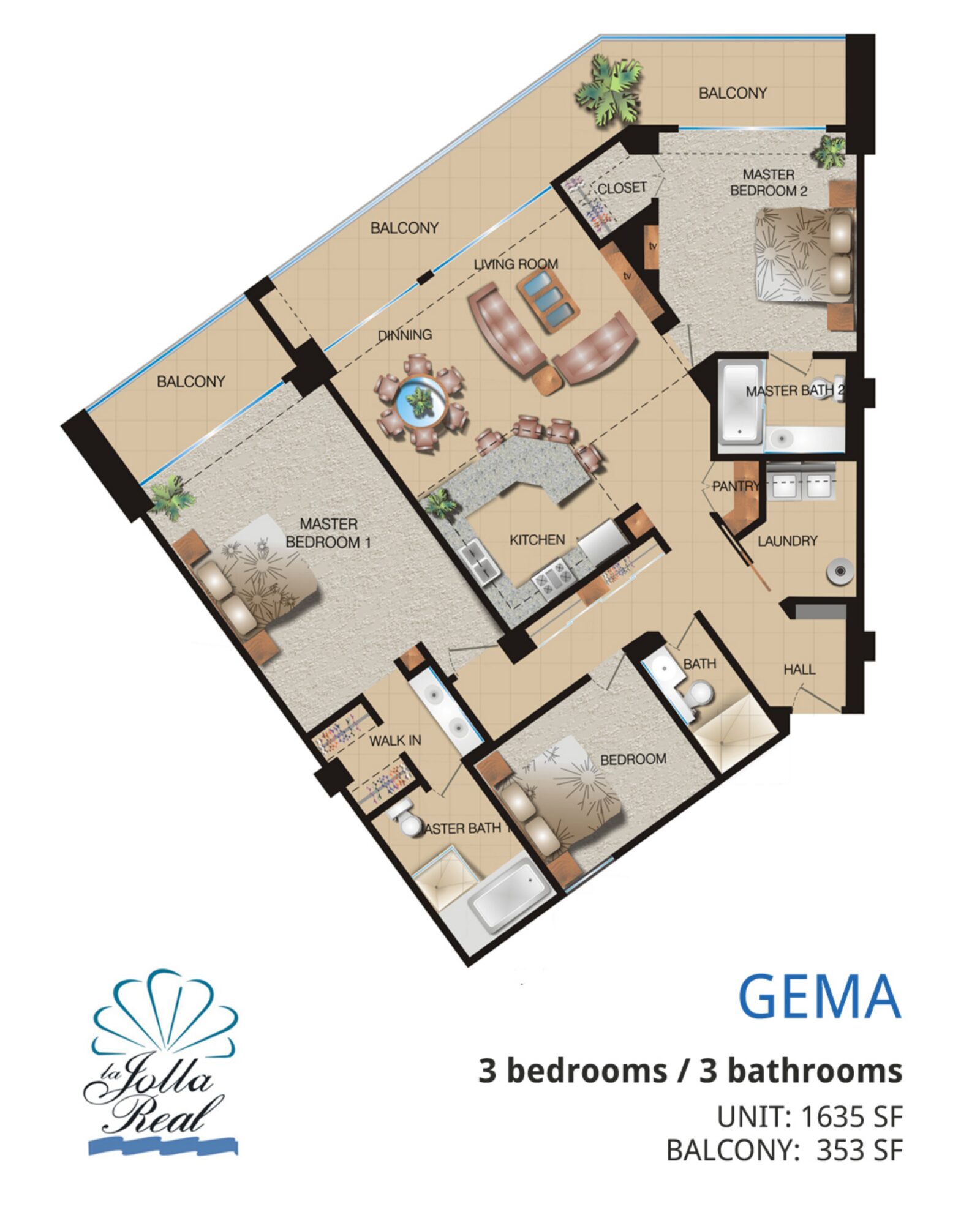 Gema floor plan at La Jolla Real Rosarito: 3 bedrooms / 3 bathrooms · Unit 1,635 sq ft · Balcony 353 sq ft