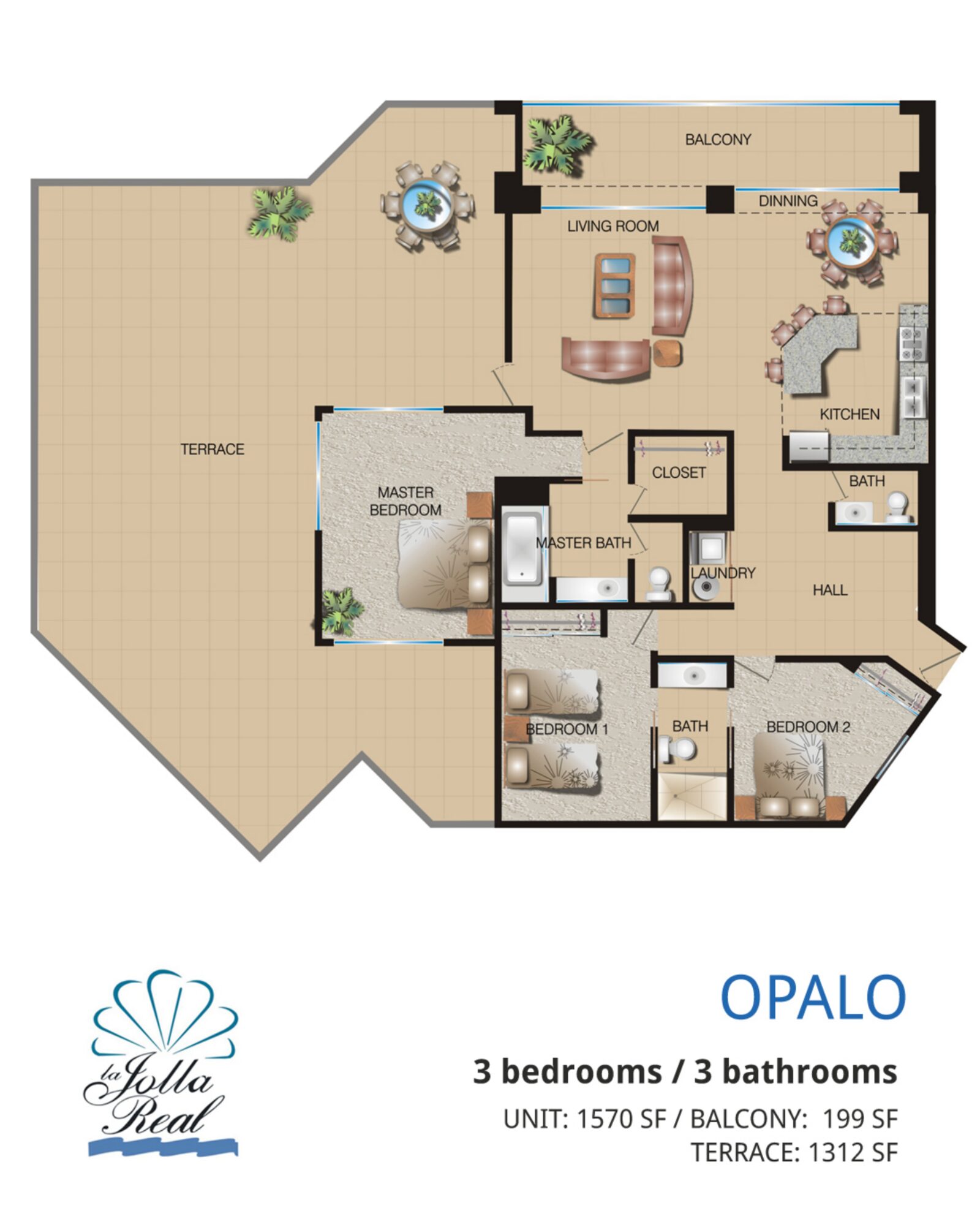 Ópalo floor plan at La Jolla Real Rosarito: 3 bedrooms / 3 bathrooms · Unit 1,570 sq ft · Balcony 199 sq ft · Terrace 1,312 sq ft