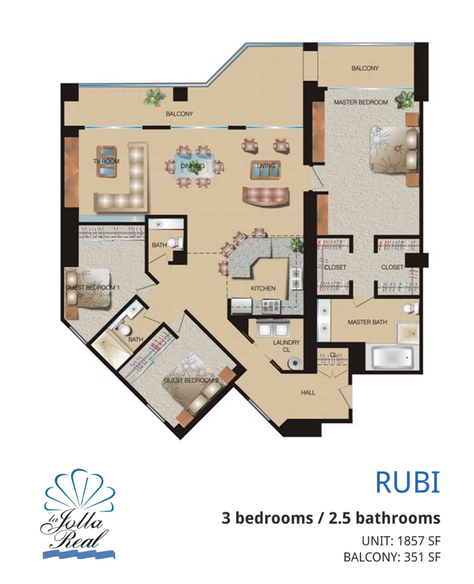 Rubí floor plan at La Jolla Real Rosarito: 3 bedrooms / 2.5 bathrooms · Unit 1,857 sq ft · Balcony 351 sq ft