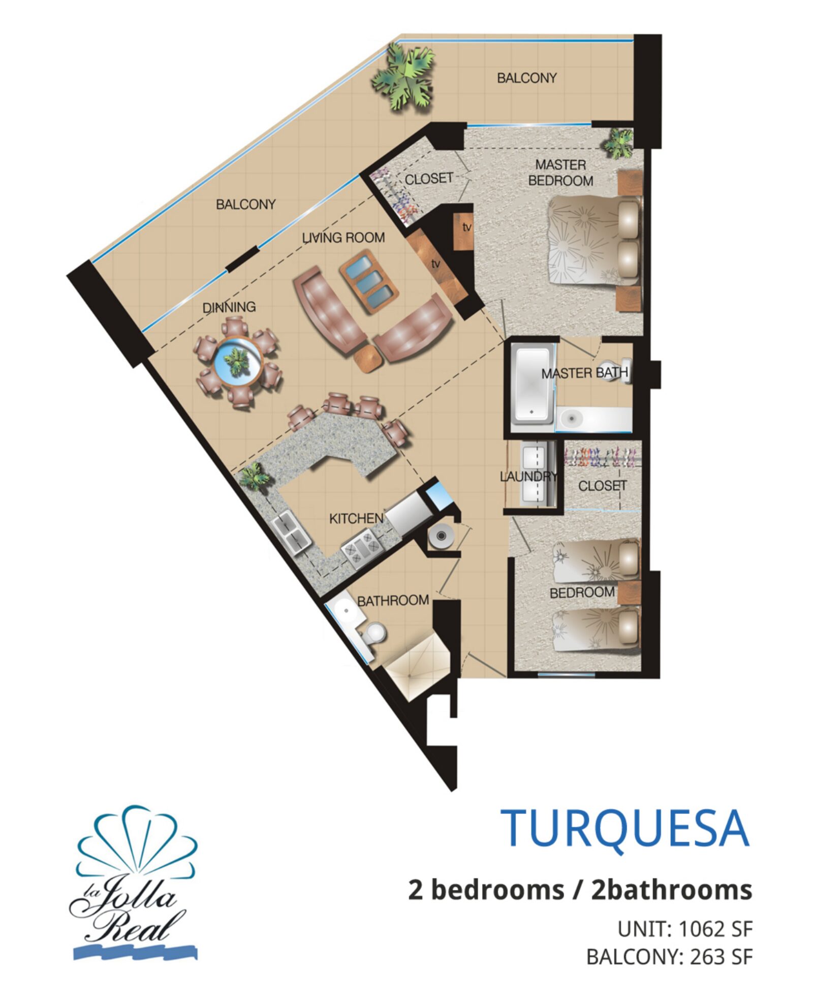 Turquesa floor plan at La Jolla Real Rosarito: 2 bedrooms / 2 bathrooms · Unit 1,062 sq ft · Balcony 263 sq ft
