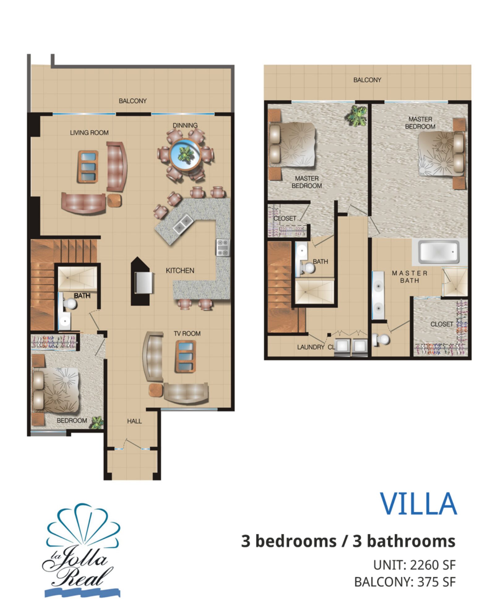 Villa floor plan at La Jolla Real Rosarito: 3 bedrooms / 3 bathrooms · Unit 2,260 sq ft · Balcony 375 sq ft