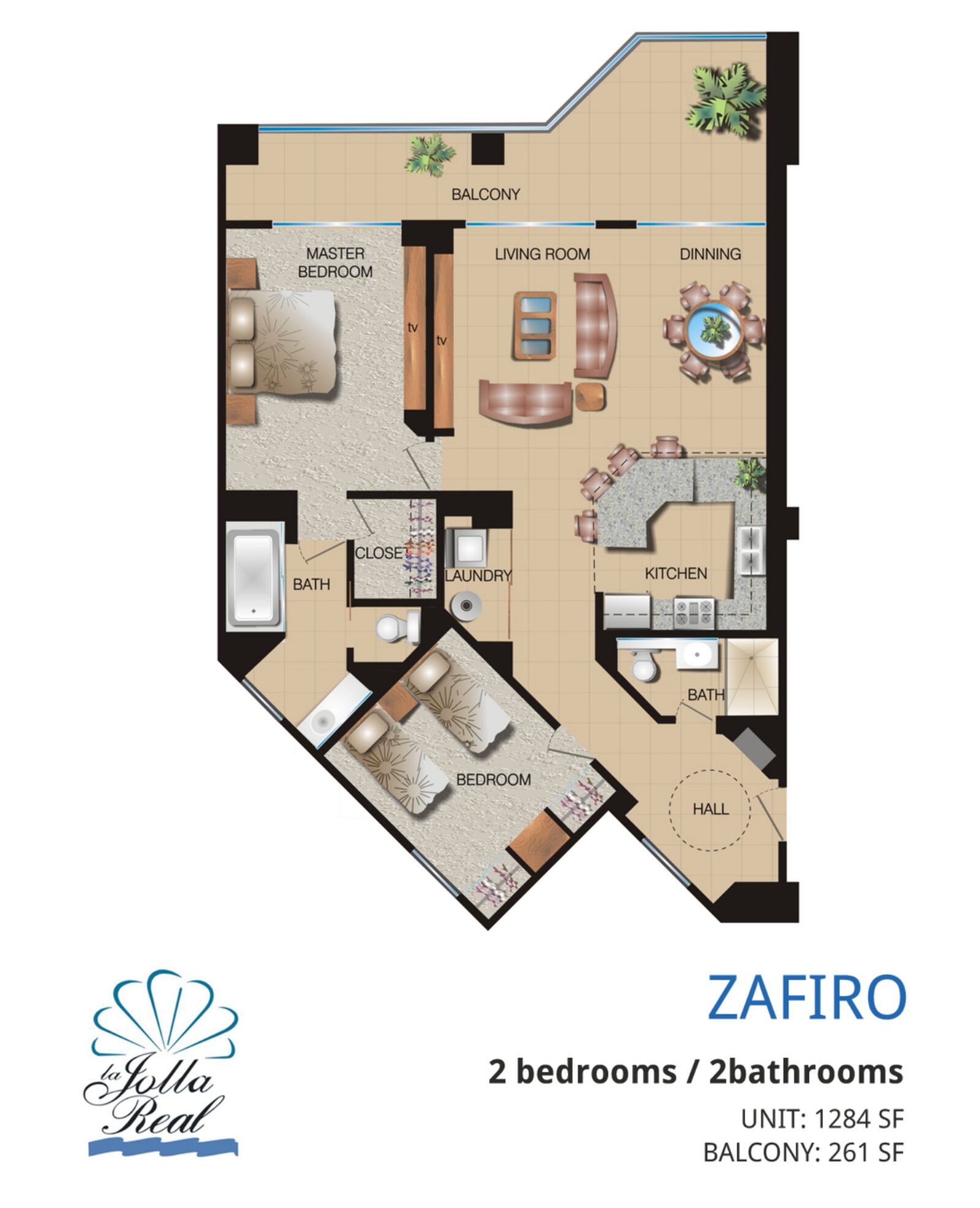 Zafiro floor plan at La Jolla Real Rosarito: 2 bedrooms / 2 bathrooms · Unit 1,284 sq ft · Balcony 261 sq ft